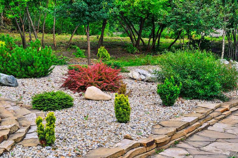Rock garden with conifers, boulders and natural stone steps, Centurion