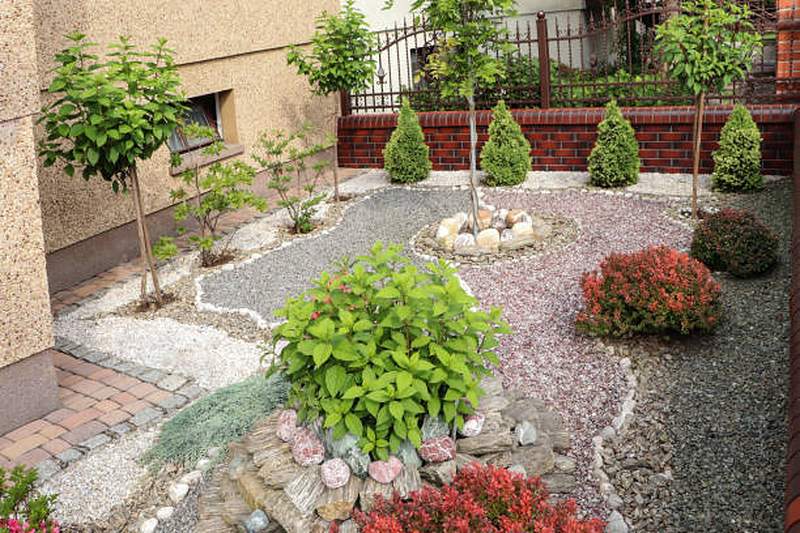 Front garden with gravel paths, rockery and standard trees, Irene
