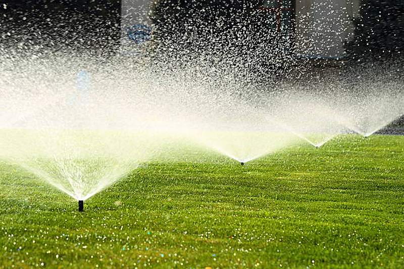 Pop-up lawn sprinklers watering a lawn, Irene