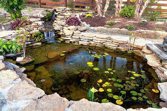 Rock-edged garden pond with waterfall and water lilies, Faerie Glen